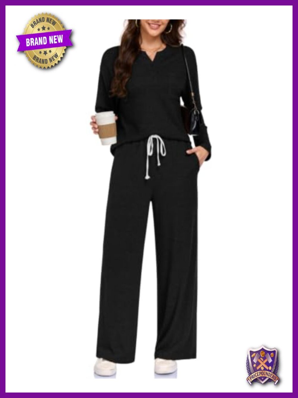 Women 2 Piece Lounge Set Henley V Neck Wide Leg Pocket Pants Travel Sweatsuit